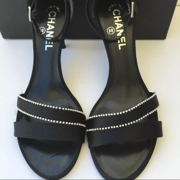 CHANEL Shoes - CHANEL Black Satin/Leather PearlsHeel SandalsShoes